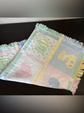 Vintage Pastel Baby Patchwork Throw with Teddy & Heart Motifs